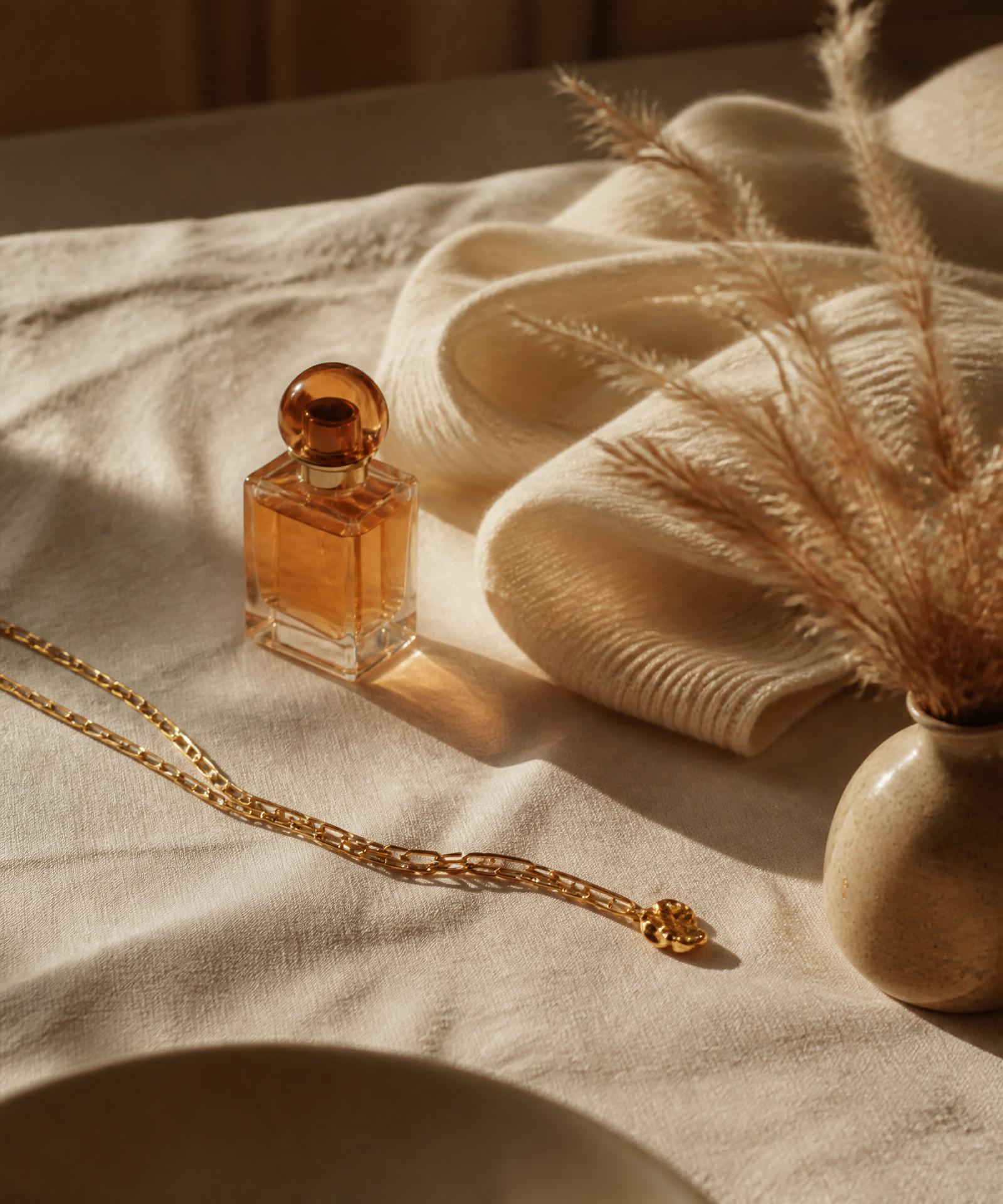 Premium beauty and lifestyle essentials by LifeDose — glass perfume bottle, gold hand mirror, silk ribbon and delicate necklace on warm cream linen